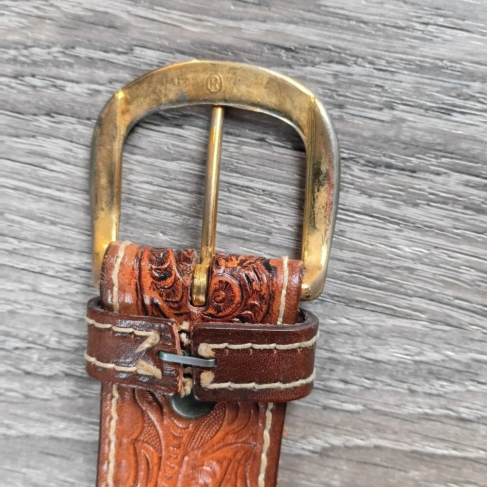 Hand Tooled‎ Leather Western Belt Size 42 GENE Saddle Cowboy Floral Buck Lacing*